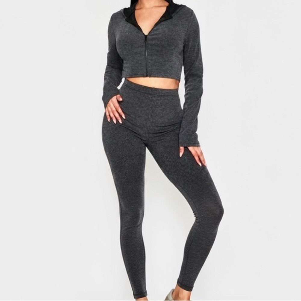 PrettyLittleThing Shape Charcoal Gray Ribbed Hoodie Legging Set